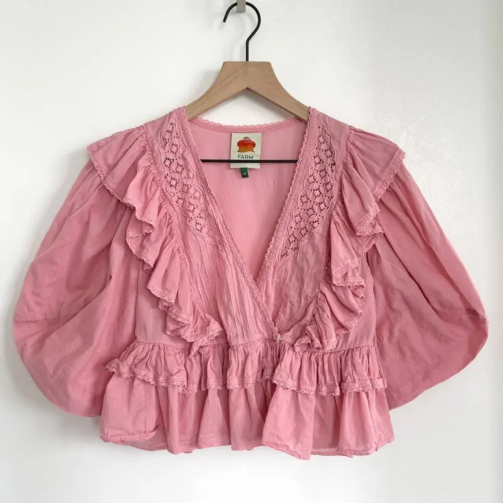 Farm Rio Blush Pink Puff Sleeve V-Neck Cropped Bohemian Blouse Size XS